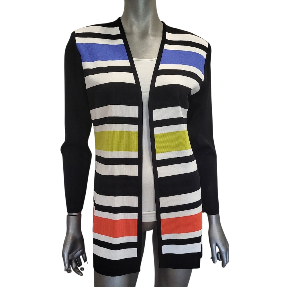 138B. Misook Black Multicolor Striped Open Cardigan - Size XS